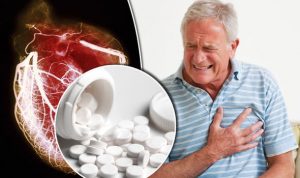 Man clutching chest in pain, pills spilling from bottle.