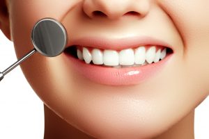 Close-up of a smiling mouth with healthy white teeth.